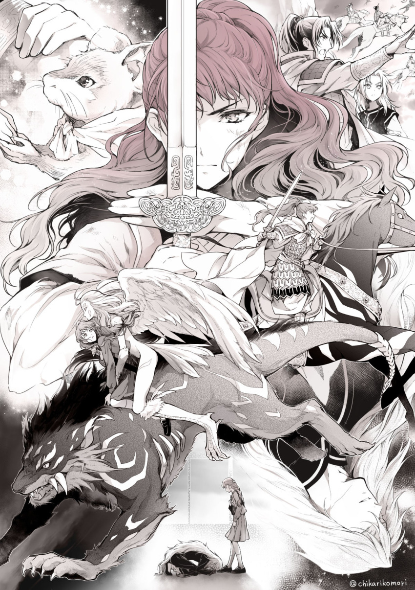 3boys 3girls animal antenna_hair armor bird_legs bird_tail bird_wings bow_(weapon) braid bruise bruise_on_face chikariya chinese_clothes closed_eyes closed_mouth clothed_animal enki_(juuni_kokuki) extra facial_mark feathers floating frown greyscale hair_slicked_back hanfu high_ponytail highres holding holding_hands holding_reins holding_sword holding_weapon hyouki_(juuni_kokuki) injury inset jewelry juuni_kokuki kaiko_(juuni_kokuki) keiki_(juuni_kokuki) king_en_(juuni_kokuki) kirin_(juuni_kokuki) long_hair long_sleeves looking_at_another looking_away looking_back looking_down looking_to_the_side monochrome mouse multiple_boys multiple_girls multiple_views nakajima_youko necklace one_eye_covered open_mouth outstretched_arm partially_colored pleated_skirt profile prostration rakushun_(juuni_kokuki) red_hair reins riding saddle school_uniform serafuku skirt standing sword tail tail_armor talons upside-down weapon wings youkai