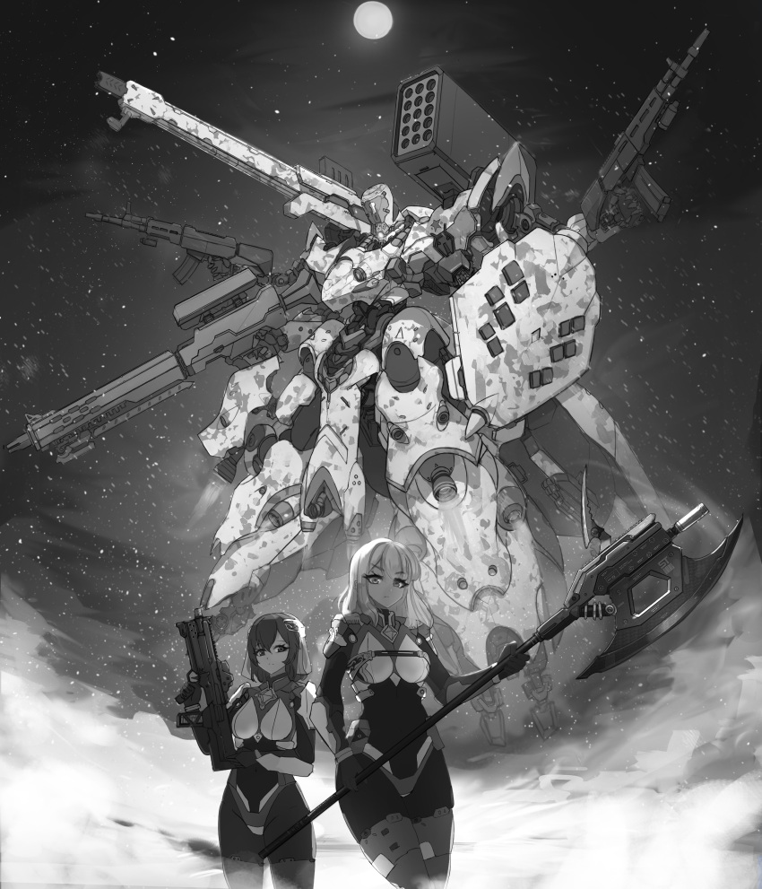 2girls absurdres axe breasts english_commentary expressionless extra_arms eyebrows_visible_through_hair glowing glowing_eye gun highres holding holding_axe holding_gun holding_shield holding_weapon looking_at_viewer mecha medium_breasts missile_pod multiple_girls one-eyed original pilot_suit science_fiction shield shoulder_cannon star_(symbol) syaha v-shaped_eyebrows veil weapon