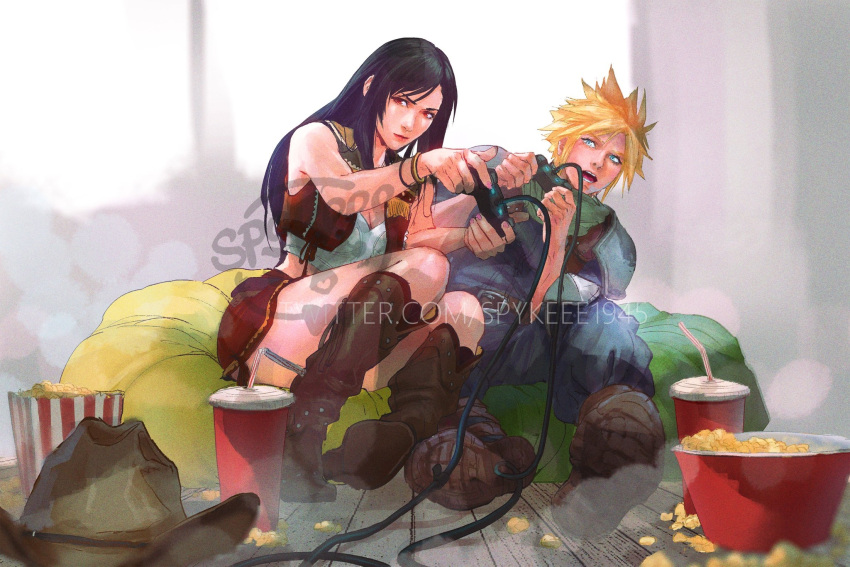 1boy 1girl black_hair blonde_hair boots cloud_strife controller cowboy_hat cub cup disposable_cup final_fantasy final_fantasy_vii final_fantasy_vii_remake food hat highres long_hair popcorn red_eyes short_hair spiked_hair spykeee1945 tifa_lockhart