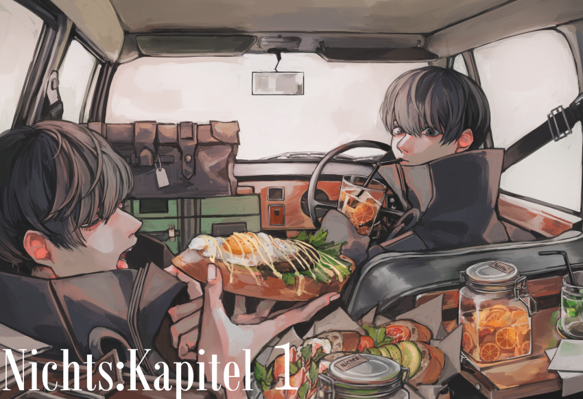 2boys absurdres avocado bangs black_coat black_hair car_interior coat commentary_request cup drinking drinking_glass drinking_straw eating fatalbug896 food food_focus fruit german_text grey_eyes highres holding holding_food jar lemonade lettuce looking_at_food looking_at_viewer looking_away male_focus meat multiple_boys open_mouth orange_(fruit) orange_slice original profile rear-view_mirror sandwich seatbelt short_hair sitting steering_wheel suitcase sunny_side_up_egg tomato tomato_slice turtleneck upper_body