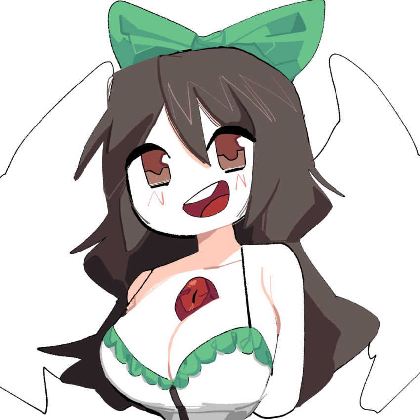 1girl :d bangs bare_arms bare_shoulders big_eyes bird_wings blush bow breasts brown_eyes brown_hair camisole cleavage eyes_visible_through_hair frilled_camisole frills green_bow hair_between_eyes hair_bow happy head_tilt highres large_breasts long_hair open_mouth organjuice pale_skin ponytail red_eyes reiuji_utsuho shoulders sleeveless slit_pupils smile solo spaghetti_strap third_eye touhou upper_body wavy_hair white_camisole white_wings wings yatagarasu