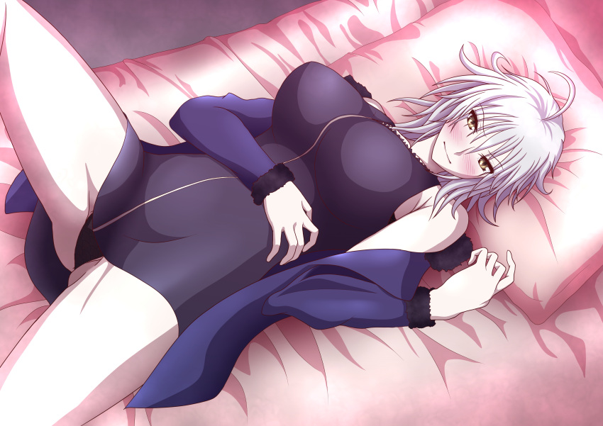 1girl absurdres ahoge bangs black_dress black_panties blue_coat breasts cleavage coat collarbone dress fate/grand_order fate_(series) fur-trimmed_coat fur_trim highres jeanne_d'arc_(alter)_(fate) jeanne_d'arc_(fate) knee_up large_breasts long_sleeves looking_at_viewer lying miyabi_hakuro on_back on_bed open_clothes open_coat panties pillow short_dress short_hair silver_hair solo thighs underwear wicked_dragon_witch_ver._shinjuku_1999 yellow_eyes