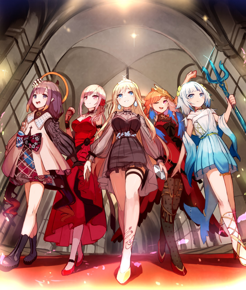 5girls absurdres alcohol black_hair blonde_hair blue_eyes blue_hair bow carpet cup dress drinking_glass earrings flower formal gawr_gura greek_clothes hair_flower hair_ornament high_heels highres hololive hololive_english jewelry laurel_crown long_hair mori_calliope multicolored_hair multiple_girls ninomae_ina'nis official_alternate_costume orange_hair pink_eyes pink_hair polearm ponytail purple_eyes red_carpet red_dress red_eyes see-through_dress see-through_sleeves silver_hair sleeveless sleeveless_dress smile sue_(bg-bros) takanashi_kiara tentacle_hair thigh_strap thighhighs tiara toga trident two-tone_hair very_long_hair walking watson_amelia weapon wine wine_glass zettai_ryouiki