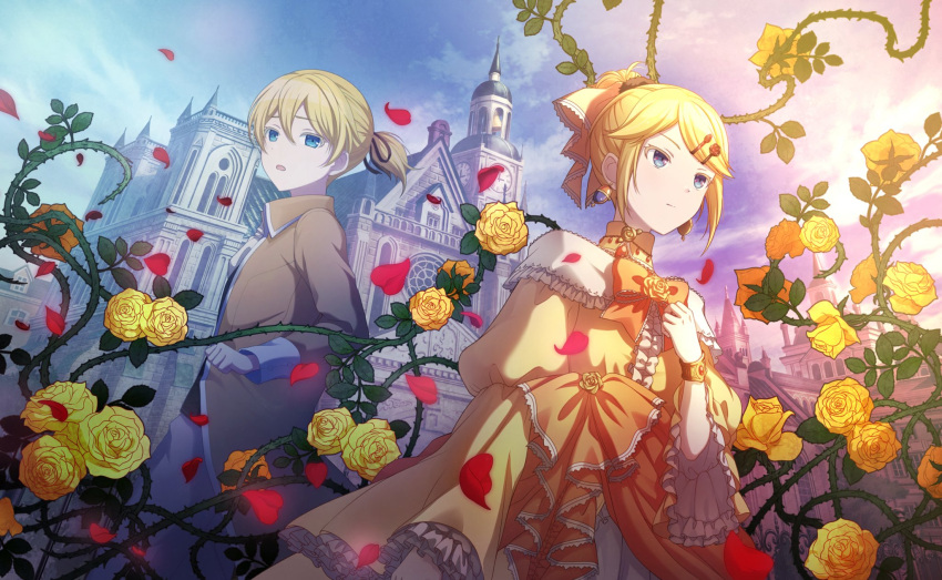 aku_no_meshitsukai_(vocaloid) allen_avadonia blonde_hair blue_eyes castle cosplay costume_switch crossdressing dress evillious_nendaiki expressionless flower frilled_sleeves frills hair_ornament hairclip hand_up highres kagamine_len kagamine_rin looking_back off-shoulder_dress off_shoulder official_art project_sekai ribbon riliane_lucifen_d'autriche rose siblings thorns yellow_flower yellow_rose