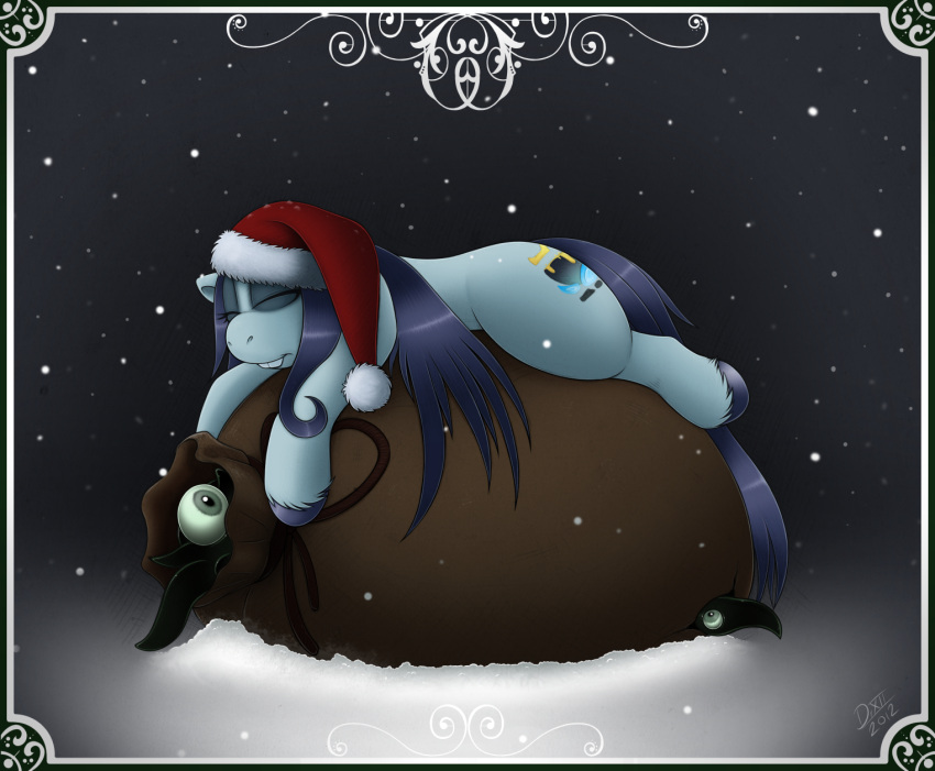 buckteeth christmas christmas_clothing christmas_headwear clothing cutie_mark digital_media_(artwork) drxii earth_pony equid equine fan_character female feral friendship_is_magic fur hair hasbro hat headgear headwear hi_res holidays horse ipsywitch mammal my_little_pony pony santa_hat snow snowing solo teeth