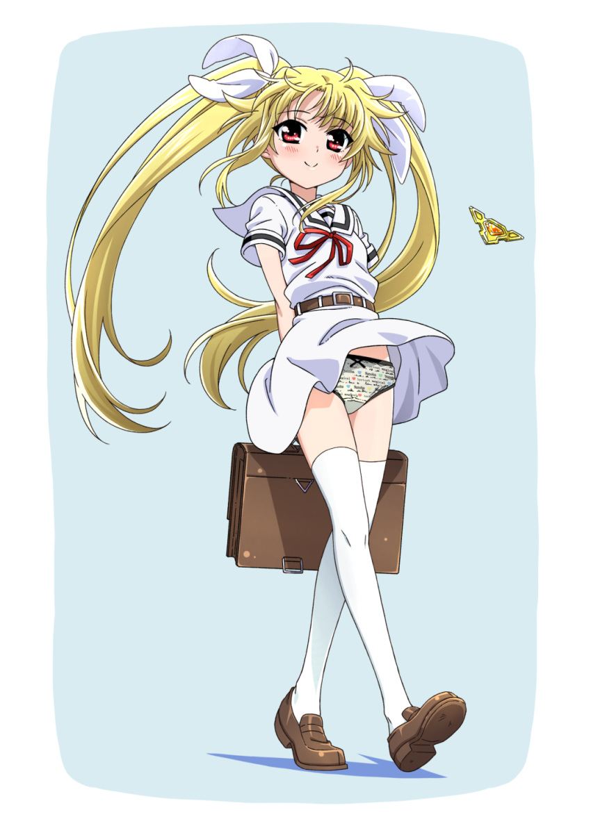 1girl bardiche blonde_hair blue_background blush border breasts closed_mouth fate_testarossa full_body highres long_hair looking_at_viewer lyrical_nanoha mahou_shoujo_lyrical_nanoha mahou_shoujo_lyrical_nanoha_a's miniskirt miyajima_hitoshi panties pantyshot red_eyes shiny shiny_hair shiny_skin simple_background skirt small_breasts smile solo thighhighs twintails underwear white_border white_legwear