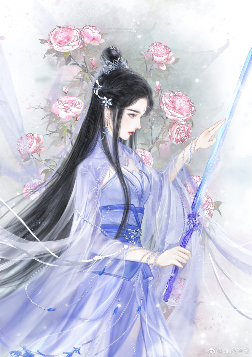1girl absurdres bead_bracelet beads black_eyes black_hair blue_dress bracelet braid breasts chinese_clothes cowboy_shot dress earrings eyelashes facial_mark floral_background flower forehead_mark from_side gem hair_bun hair_flower hair_ornament hair_over_breasts hairpods half_updo hand_up hanfu highres holding holding_sword holding_weapon jewelry light_particles long_hair long_sleeves looking_at_object looking_away looking_down lu_xueqi_(zhu_xian) lu_xueqi_tongren_ye pink_flower profile red_lips sash see-through_sleeves shrug_(clothing) silk staring straight_hair sword tassel unsheathed very_long_hair weapon white_background white_dress wide_sleeves zhu_xian