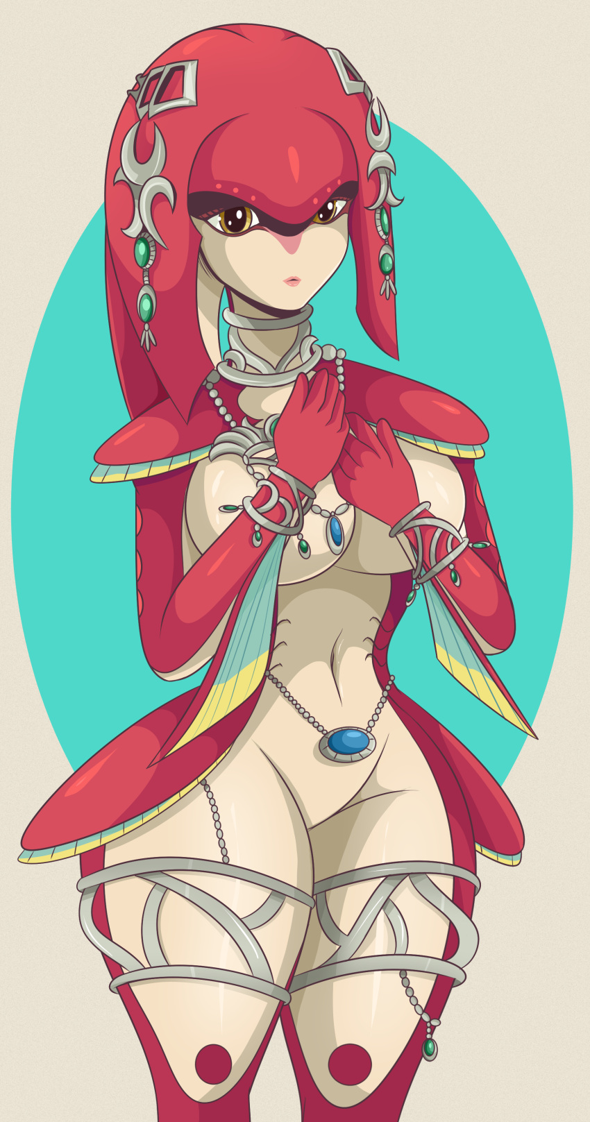 absurd_res anthro big_breasts bracelet breasts breath_of_the_wild choker female gills hi_res jewelry looking_at_viewer marine mipha necklace nintendo solo sonson-sensei the_legend_of_zelda video_games wide_hips zora