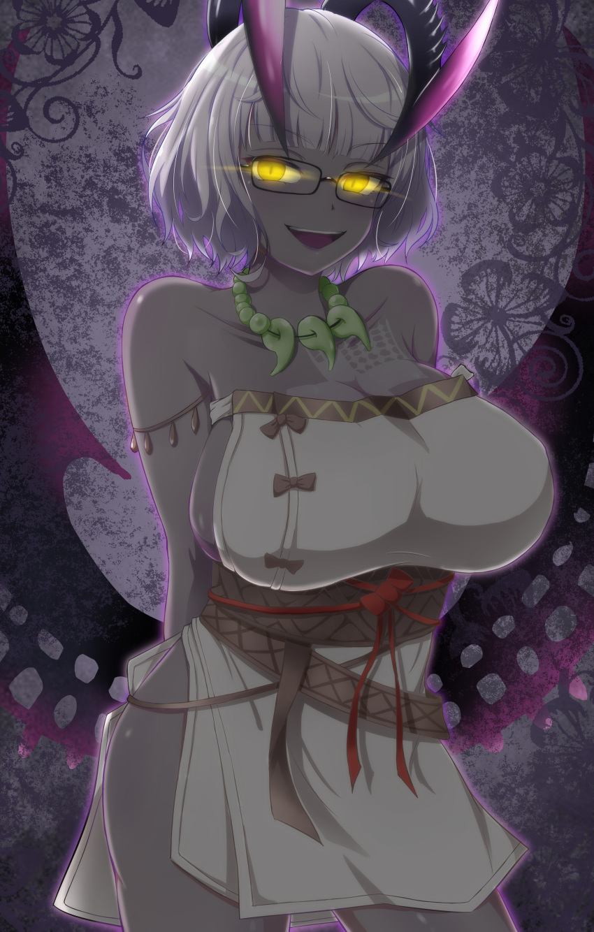 1girl absurdres arms_behind_back bangs bare_shoulders blush breasts cleavage collarbone colored_skin cosplay dress fate/grand_order fate_(series) glasses glowing glowing_eyes grey_hair grey_skin highres himiko_(fate) himiko_(fate)_(cosplay) horns jacques_de_molay_(foreigner)_(fate) large_breasts looking_at_viewer magatama magatama_necklace open_mouth sash short_hair side_slit sideboob smile solo sotomichi thighs white_dress wings yellow_eyes