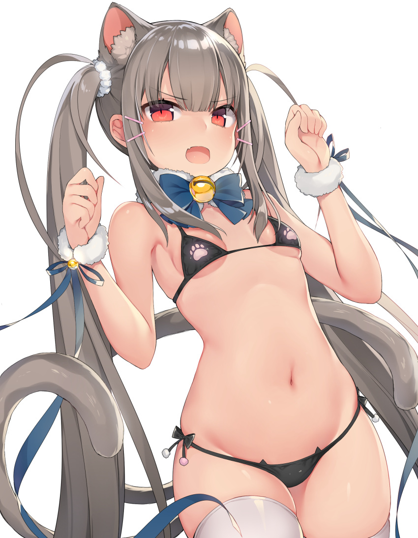 1girl absurdres animal_ear_fluff animal_ears bell bikini black_bikini blush bow bowtie breasts cat_ear_bikini cat_ears cat_girl cat_tail cowboy_shot detached_collar eyebrows_visible_through_hair fang fur_collar grey_hair highres jingle_bell kamifumi long_hair looking_at_viewer multiple_tails navel neck_bell nekomata open_mouth original paw_pose red_eyes ribbon side-tie_bikini sidelocks simple_background skin_fang skindentation small_breasts solo swimsuit tail thighhighs twintails two_tails very_long_hair white_background white_legwear wrist_cuffs wrist_ribbon