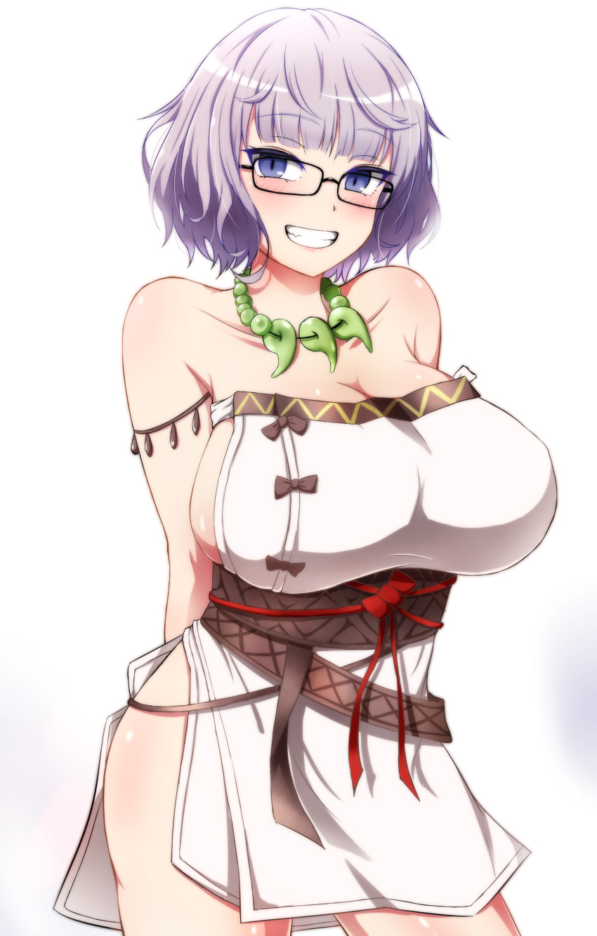 1girl absurdres arms_behind_back bangs bare_shoulders blue_eyes blush breasts cleavage collarbone cosplay dress fate/grand_order fate_(series) glasses grey_hair grin highres himiko_(fate) himiko_(fate)_(cosplay) jacques_de_molay_(foreigner)_(fate) large_breasts looking_at_viewer magatama magatama_necklace sash short_hair side_slit sideboob smile solo sotomichi thighs white_dress