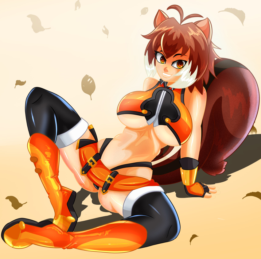 animal_humanoid big_breasts blazblue boots breasts clothing female footwear hi_res humanoid legwear looking_at_viewer makoto_nanaya mammal mammal_humanoid panties panty_shot rodent rodent_humanoid sciurid sciurid_humanoid sitting solo sonson-sensei spread_legs spreading stockings under_boob underwear video_games