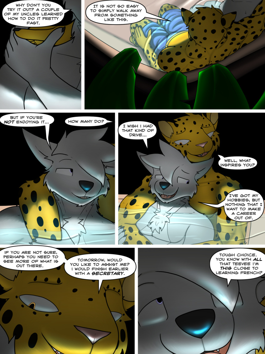 3:4 canid canine canis comic cuddling darth_vader_sanchez_(housepets!) english_text felid hi_res hot_tub housepets! jata_(housepets!) leopard male male/male mammal pantherine text trashbadger water webcomic wolf
