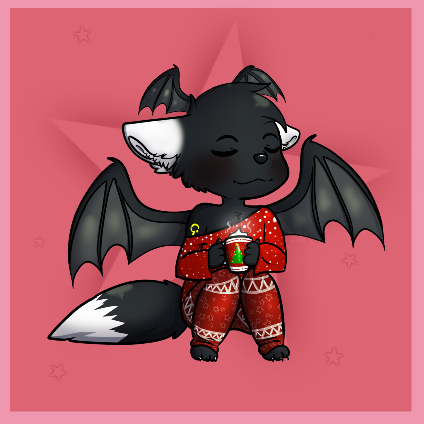 anthro black_body black_fur canid canine canis christmas christmas_clothing clothing container cubi_(race) cup dallydonut eyes_closed fur head_wings hi_res holidays hot_cocoa male mammal solo sweater topwear wings wolf