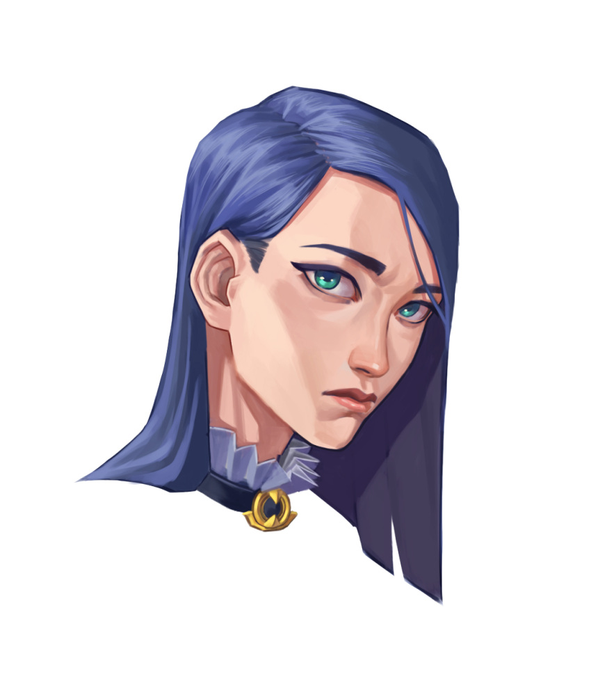 1girl arcane:_league_of_legends bangs caitlyn_(league_of_legends) closed_mouth expressionless green_eyes grey_background head highres league_of_legends lepo long_hair looking_at_viewer simple_background solo