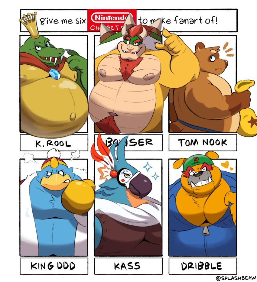 animal_crossing anthro avian belly big_belly bird blue_body blue_clothing blue_feathers bowser breath_of_the_wild brown_body brown_fur canid canine canis clothed clothing crocodile crocodilian crocodylid crown domestic_dog donkey_kong_(series) dribble_(warioware) feathers fur green_body group hair hi_res horn kass_(tloz) king_dedede king_k._rool kirby_(series) koopa kremling male mammal mario_bros meme moobs nintendo nipples penguin raccoon_dog red_hair reptile rito scalie shell six_fanarts_challenge spiked_shell spikes spikes_(anatomy) splashburr tanuki the_legend_of_zelda tom_nook_(animal_crossing) topless video_games