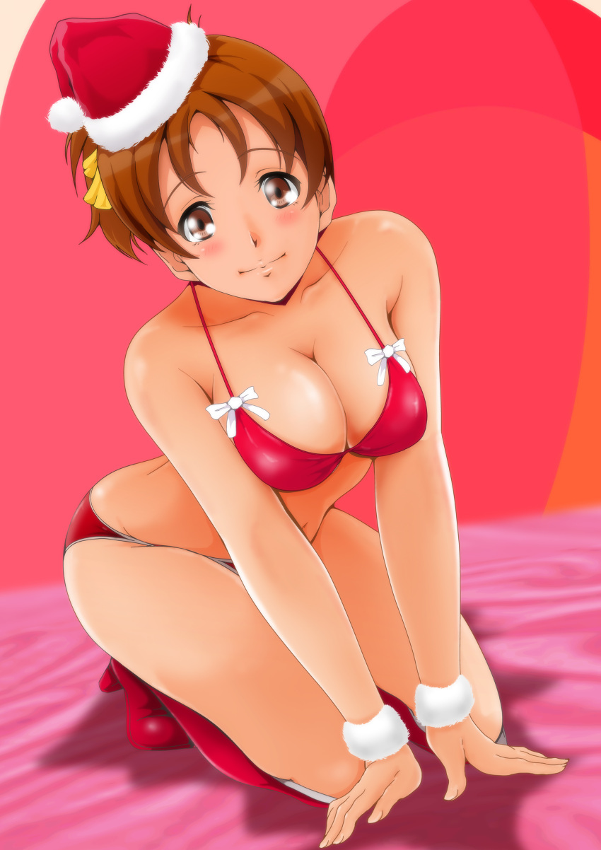 1girl absurdres arm_support bangs bed_sheet bikini blush boots breasts brown_hair cleavage closed_mouth commentary fur_cuffs hair_ribbon halterneck hat high_heel_boots high_heels highres hirasawa_ui k-on! kneeling leaning_forward looking_at_viewer medium_breasts nanashi_noiji navel on_bed red_bikini red_footwear red_headwear ribbon santa_bikini santa_boots santa_hat shadow short_hair short_ponytail smile solo swimsuit textless tilted_headwear yellow_ribbon