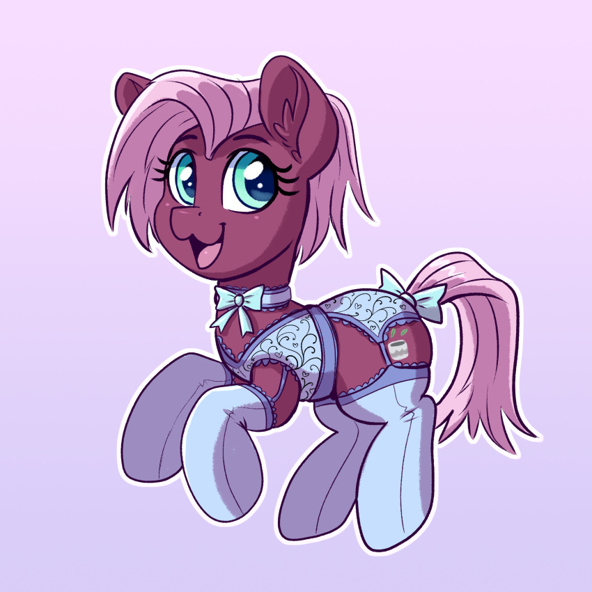 1:1 absurd_res accessory bow clothing cutie_mark dandy_(artist) earth_pony equid equine eyebrows eyelashes female feral friendship_is_magic frilly furgonomics garter_straps hair hasbro hi_res horse inner_ear_fluff jasmine_leaf_(mlp) legwear lingerie looking_at_viewer mammal my_little_pony open_mouth open_smile pony ribbons smile solo stockings tail_accessory tail_bow tail_ribbon teal_eyes tuft