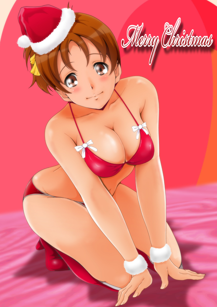 1girl absurdres arm_support bangs bed_sheet bikini blush boots breasts brown_hair cleavage closed_mouth commentary cursive english_text fur_cuffs hair_ribbon halterneck hat high_heel_boots high_heels highres hirasawa_ui k-on! kneeling leaning_forward looking_at_viewer medium_breasts merry_christmas nanashi_noiji navel on_bed red_bikini red_footwear red_headwear ribbon santa_bikini santa_boots santa_hat shadow short_hair short_ponytail smile solo swimsuit tilted_headwear yellow_ribbon