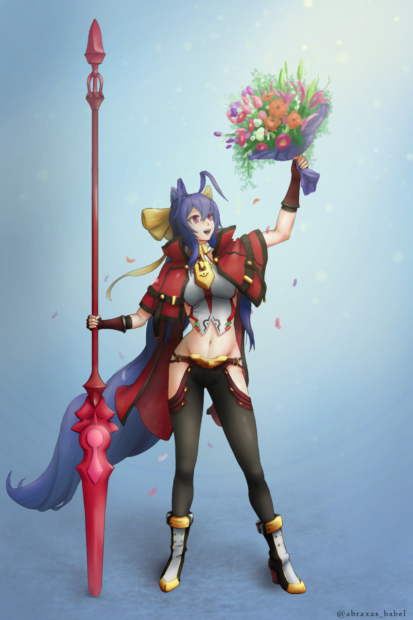 1girl absurdres antenna_hair babel_abraxas backless_outfit black_pants blazblue blue_background blue_hair boots bouquet bow breasts cloak halter_top halterneck highres holding holding_bouquet holding_weapon long_hair lowleg lowleg_pants magenta_eyes mai_natsume navel open_mouth outseal pants polearm purple_eyes red_cloak revealing_clothes smile spear stomach very_long_hair weapon yellow_bow