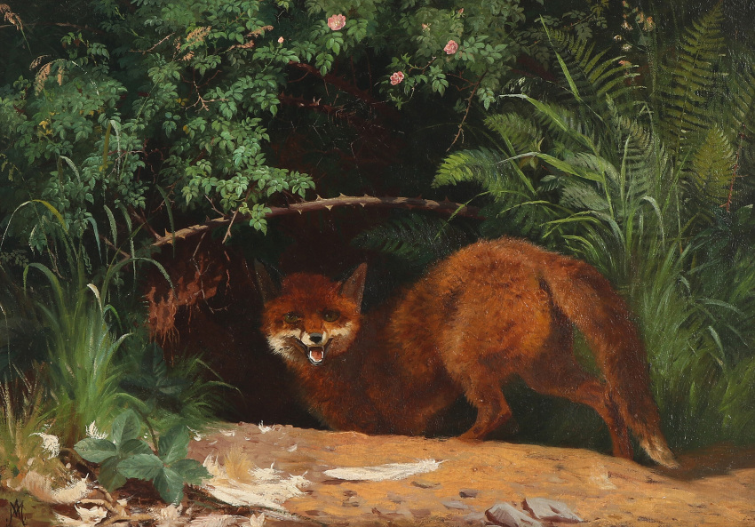 adolf_mackeprang ambiguous_gender ancient_furry_art brown_body brown_fur canid canine detailed_background digitigrade feathers feral fern fern_(plant) fox fur hi_res looking_at_viewer loose_feather mammal oil_painting_(artwork) open_mouth outside painting_(artwork) public_domain quadruped red_fox solo thorns traditional_media_(artwork) white_body white_feathers