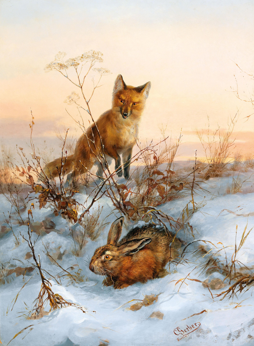 19th_century absurd_res ambiguous_gender ancient_furry_art brown_body brown_eyes brown_fur canid canine carl_gerber detailed_background duo feral fox fur hare hi_res lagomorph leporid long_ears looking_at_another mammal no_sclera nude oil_painting_(artwork) outside painting_(artwork) predator/prey public_domain quadruped red_fox signature sky snow traditional_media_(artwork) whiskers winter