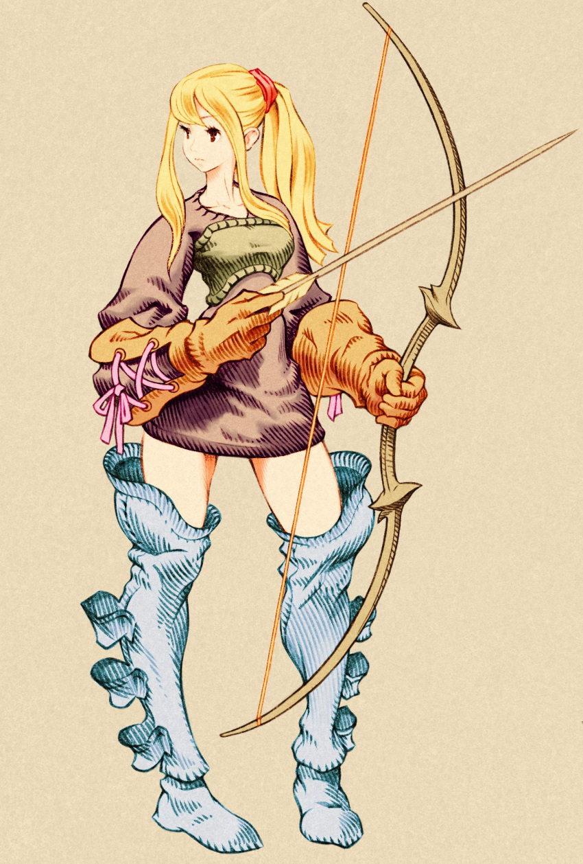 1girl archer_(fft) blonde_hair boots bow_(weapon) closed_mouth dress final_fantasy final_fantasy_tactics full_body gloves highres long_hair parody ponytail shinichi_kobe simple_background solo style_parody thigh_boots thighhighs weapon yoshida_akihiko_(style)