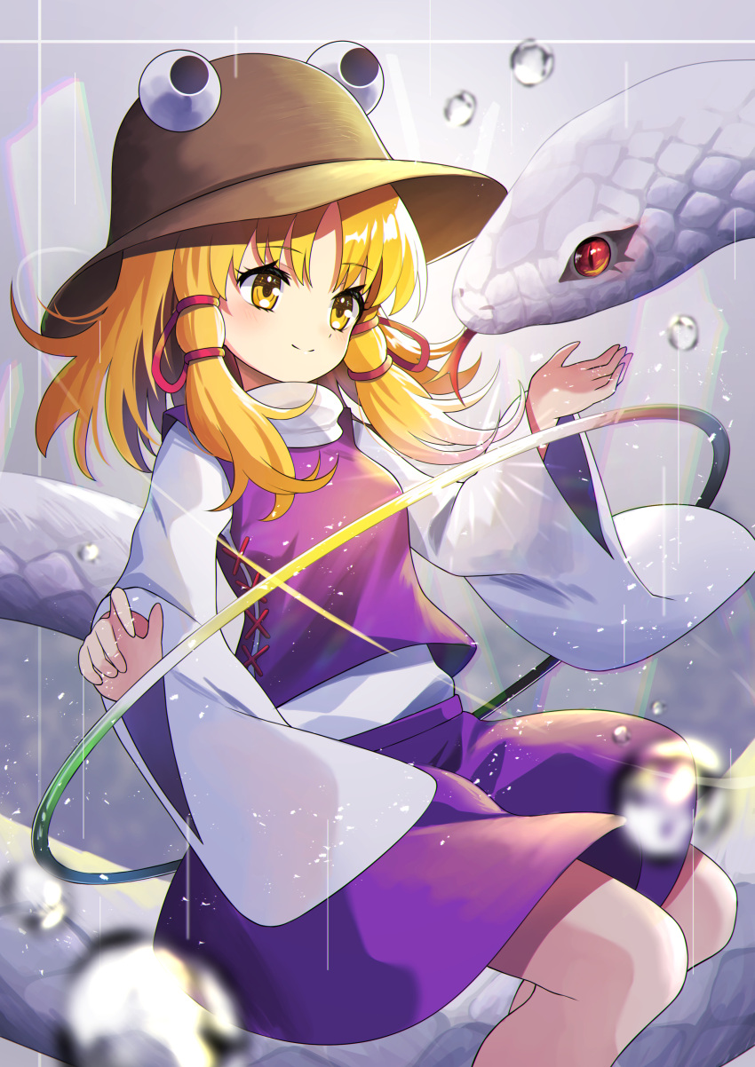 1girl absurdres animal blonde_hair eyebrows_visible_through_hair forked_tongue hair_tubes hat highres medium_hair moriya_suwako puffy_sleeves purple_shirt purple_skirt pyonta shirt skirt slit_pupils smile snake solo tongue touhou water_drop white_shirt white_sleeves white_snake yellow_eyes yuujin_(yuzinn333)