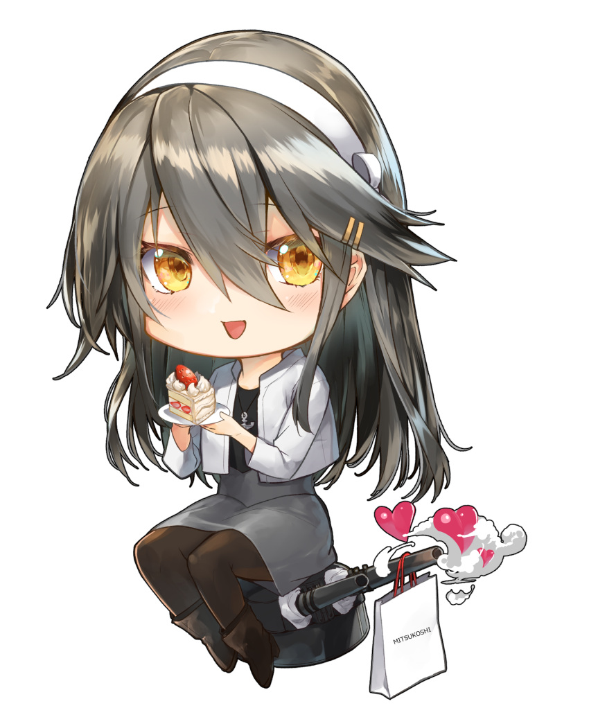 1girl anchor_necklace bag black_footwear black_hair black_legwear boots brown_eyes cake cake_slice cannon chibi food grey_skirt hairband haruna_(kancolle) highres holding holding_plate jacket kantai_collection kyougoku_touya long_hair mitsukoshi_(department_store) official_alternate_costume pantyhose plate shopping_bag sidelocks sitting skirt solo turret white_hairband white_jacket