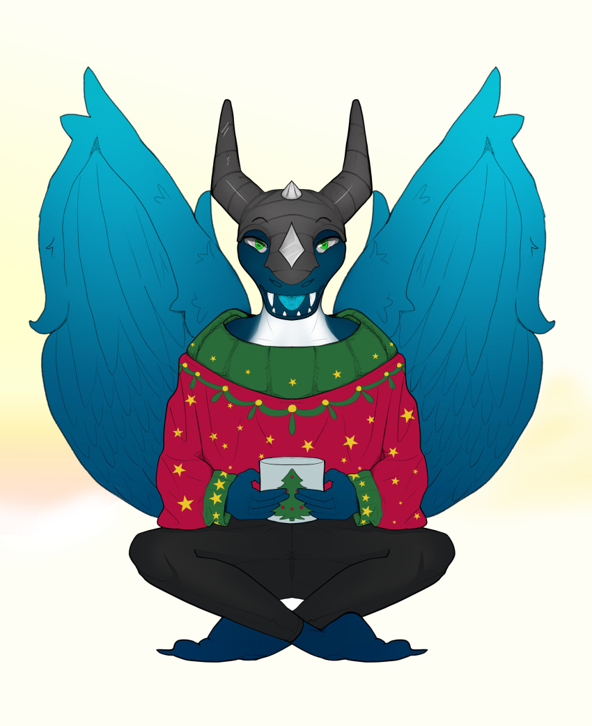 absurd_res angel_dragon bedsheetwalking blue blue_tongue bottomwear christmas christmas_clothing christmas_mug christmas_sweater christmas_topwear claws clothing diamond_(disambiguation) dragon fangs feet fur furred_dragon gem hands helios hi_res holidays horn looking_at_viewer looking_happy male mug no_shoes open_mouth pants sfw sitting sweater tagme tongue topwear ugly_christmas_sweater wings