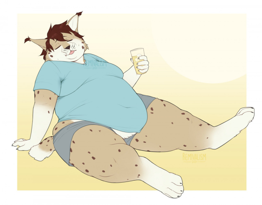 anthro arm_support belly beverage blep brown_hair claws clothed clothing ear_tuft eyes_closed felid feline fur hair heat_(temperature) holding_beverage holding_object lemonade lynx male mammal moobs obese obese_anthro obese_male overheated overweight overweight_anthro overweight_male reclining remivalism solo spots spotted_body spotted_fur tan_body tan_fur thick_thighs toe_claws tongue tongue_out tuft