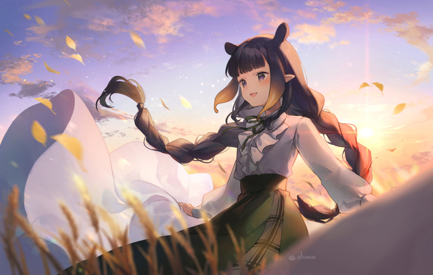 1girl :d bangs black_hair blue_sky blurry blurry_foreground braid brown_hair center_frills cloud commentary_request depth_of_field eyebrows_visible_through_hair frills gradient_hair green_skirt hololive hololive_english long_hair long_sleeves looking_away multicolored_hair ninomae_ina'nis outdoors pointy_ears puffy_long_sleeves puffy_sleeves purple_eyes shinia shirt skirt sky smile solo sunset twin_braids twintails very_long_hair virtual_youtuber white_shirt