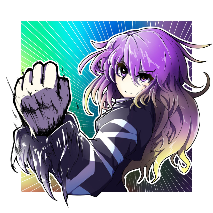 1girl bangs blonde_hair border closed_mouth emphasis_lines eyebrows_visible_through_hair gradient_hair highres hijiri_byakuren hurin_raika juliet_sleeves long_hair long_sleeves looking_at_viewer motion_lines multicolored_hair one-hour_drawing_challenge puffy_sleeves purple_eyes purple_hair rainbow_background smile solo touhou two-tone_hair upper_body v-shaped_eyebrows white_border