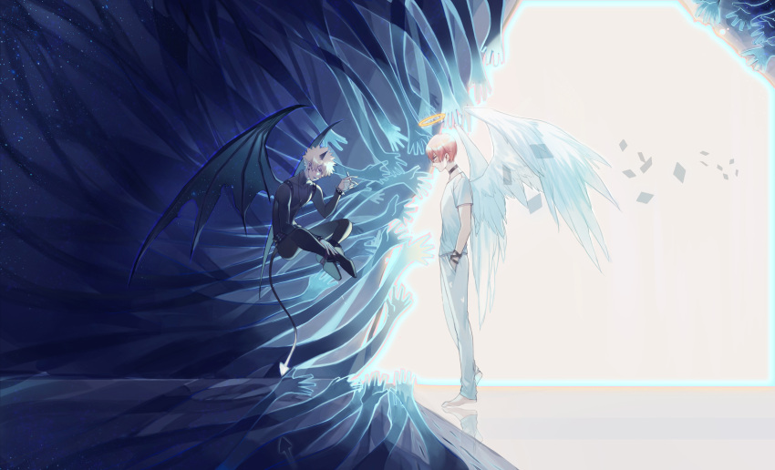 2boys absurdres angel_and_devil angel_wings bakugou_katsuki bangs barefoot between_fingers black_footwear black_pants black_shirt black_wings blonde_hair boku_no_hero_academia bracelet burn_scar choker contrast cross cross_necklace demon_boy demon_horns demon_tail demon_wings diamond_(shape) floating_hair from_side frown halo hand_in_pocket hand_up highres holding horns indian_style jewelry long_sleeves looking_at_another male_focus mata_c multiple_boys multiple_hands necklace pants pointing pointy_ears profile reaching red_hair scar scar_on_face shirt shoe_soles shoes short_hair short_sleeves sitting skin_tight spiked_bracelet spiked_hair spikes standing tail todoroki_shouto white_pants white_shirt white_wings wings