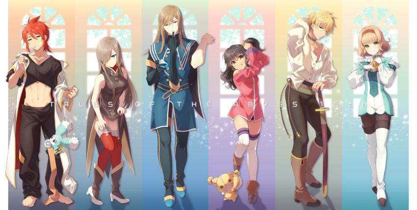 3boys 3girls absurdres adjusting_clothes adjusting_hair anise_tatlin anniversary belt belt_removed black_hair blonde_hair boots brown_hair copyright_name crop_top dress dressing garter_straps guy_cecil hair_over_one_eye highres jade_curtiss luke_fon_fabre midriff mieu multiple_boys multiple_girls natalia_luzu_kimlasca_lanvaldear navel off_shoulder red_hair shuragyoku_mami smile stomach sword tales_of_(series) tales_of_the_abyss tear_grants thighhighs tokunaga toothbrush toothbrush_in_mouth weapon