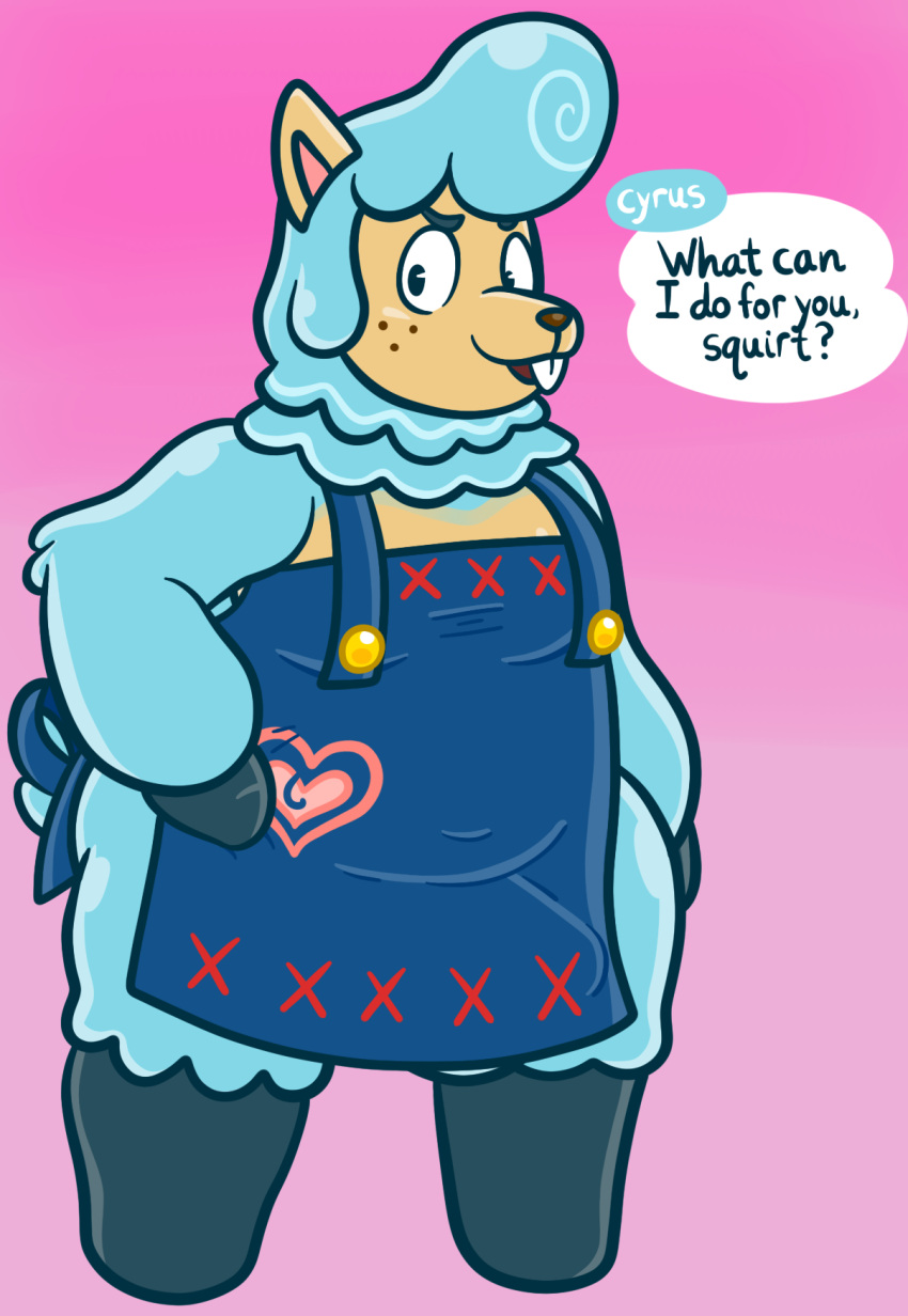 alpaca animal_crossing anthro apron belly big_belly bulge button_(disambiguation) camelid clothing cyrus_(animal_crossing) dialogue hi_res male mammal nintendo overbite overweight overweight_male pompadour sinribbons solo video_games