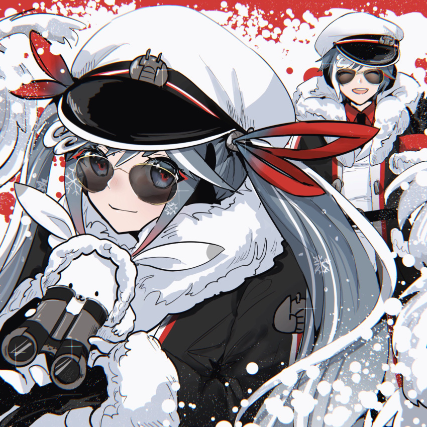 1boy 1girl 1other animal aviator_sunglasses badge binoculars black_coat black_gloves black_necktie blue_eyes blue_hair closed_eyes coat commentary fur-trimmed_coat fur-trimmed_hood fur_trim glasses gloves hair_ribbon hat hatsune_miku highres holding holding_animal holding_binoculars hood hood_up jacket kaito_(vocaloid) libertyp39 long_hair looking_at_viewer military military_uniform multicolored_eyes naval_uniform necktie peaked_cap rabbit_yukine red_ribbon red_shirt ribbon shirt smile sunglasses twintails uniform upper_body very_long_hair vocaloid white_headwear white_jacket yuki_kaito yuki_miku yuki_miku_(2022)