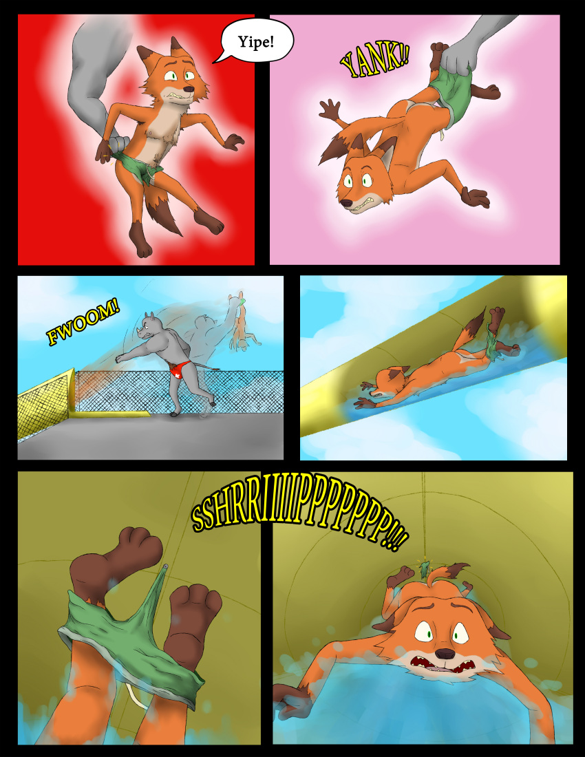 absurd_res accidental_exposure accidental_nudity amusement_park angry anthro assisted_exposure big_butt butt canid canine clothed clothing comic disney duo fox gerryseinfeld hi_res lifeguard male mammal muscular muscular_male nick_wilde nude pain pants_down pantsing partially_clothed pulling_clothing punishment rhinocerotoid slide stripped throwing_character wardrobe_malfunction water_park water_slide zootopia