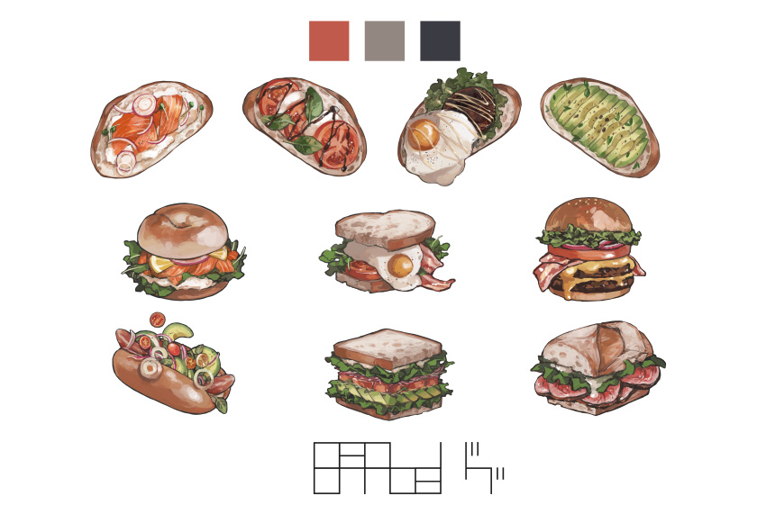 absurdres avocado bacon bagel bread burger cheese commentary fatalbug896 food food_focus fruit herb highres hot_dog lemon lemon_slice lettuce meat no_humans onion original salmon sandwich sauce signature simple_background still_life sunny_side_up_egg tomato_slice white_background