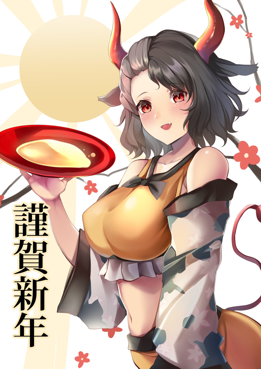 1girl :d absurdres animal_ears bangs bare_shoulders black_bow black_hair black_neckwear blush bow breasts collarbone commentary cow_ears cow_horns cow_tail cup detached_sleeves eyebrows_visible_through_hair fangs floral_print flower highres horns koizumo large_breasts looking_at_viewer midriff multicolored_hair navel open_mouth red_eyes red_flower red_horns red_tail sakazuki short_hair smile solo split-color_hair sun sunburst tail touhou two-tone_hair upper_body ushizaki_urumi white_hair