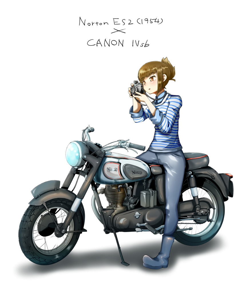 1girl boots brown_eyes brown_hair camera folded_ponytail ground_vehicle highres holding holding_camera jinkou-kuu kickstand motor_vehicle motorcycle norton_es2 original shirt solo striped striped_shirt white_background