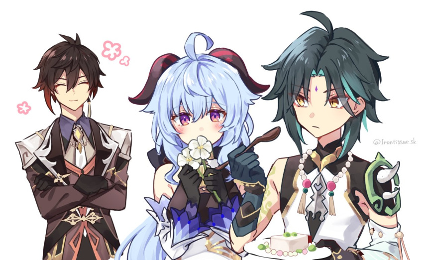 1girl 2boys ahoge almond_tofu_(genshin_impact) arm_tattoo bangs bare_shoulders beads bell black_gloves black_hair blue_hair blush closed_eyes collared_shirt crossed_arms detached_sleeves eyebrows_visible_through_hair facial_mark flower food forehead_mark formal ganyu_(genshin_impact) genshin_impact gloves gold_trim gradient_hair green_hair holding holding_flower horns irontissue_sk long_hair multicolored_eyes multicolored_hair multiple_boys neck_bell necktie plate qingxin_flower shirt short_hair shoulder_pads shoulder_spikes single_bare_shoulder smile spikes spoon suit tattoo twitter_username two-tone_hair upper_body vest white_background white_flower white_sleeves xiao_(genshin_impact) yellow_eyes zhongli_(genshin_impact)