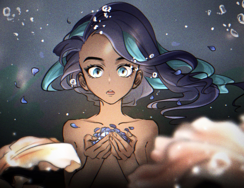 1girl air_bubble black_hair blue_eyes blue_hair blurry bubble collarbone commentary_request dark-skinned_female dark_skin echizen_(n_fns17) eyelashes floating_hair hands_up long_hair multicolored_hair nessa_(pokemon) open_mouth petals pokemon pokemon_(game) pokemon_swsh solo teeth tongue topless two-tone_hair underwater