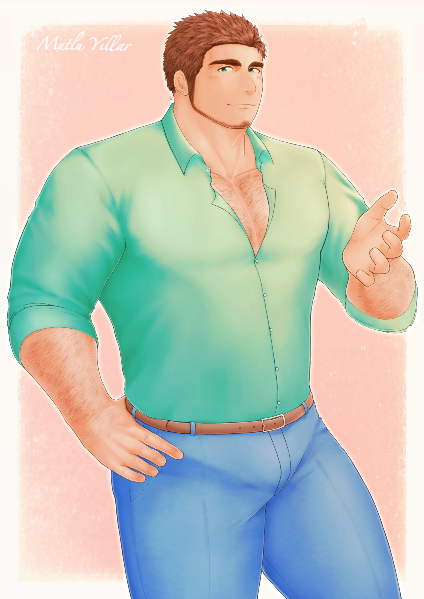 1boy absurdres alternate_pectoral_size arm_hair axis_powers_hetalia bara beard brown_hair bulge chest_hair cowboy_shot denim facial_hair highres jeans large_pectorals looking_at_viewer male_focus mature_male mono_(3436234) muscular muscular_male pants partially_unbuttoned pectoral_cleavage pectorals short_hair smile solo thick_eyebrows thick_thighs thighs turkey_(hetalia)