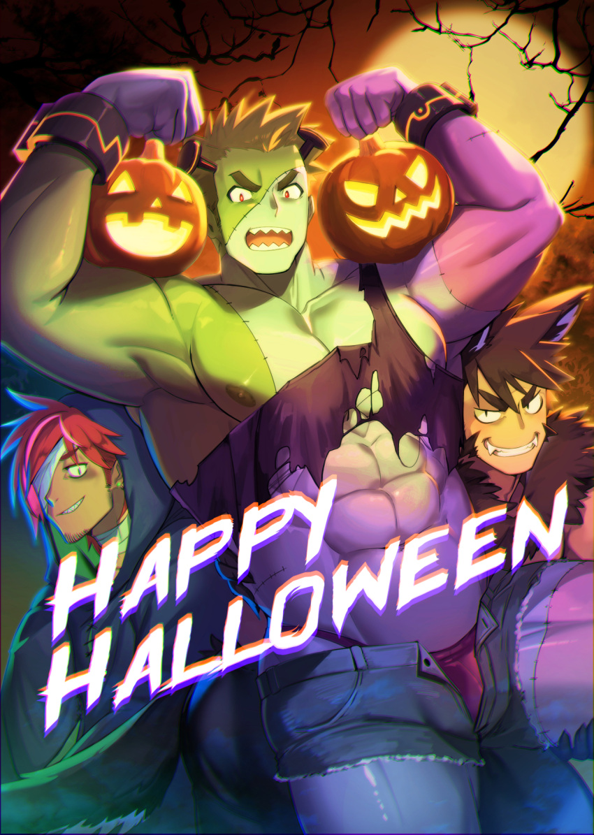 3boys abs animal_ears bandage_over_one_eye bara bare_pectorals black_tank_top bulge colored_skin feet_out_of_frame frankenstein's_monster frown full_moon green_skin halloween halloween_costume happy_halloween highres jack-o'-lantern large_pectorals looking_at_viewer male_focus male_underwear male_underwear_peek mature_male moon multiple_boys muscular muscular_male navel nipples open_fly original pectorals red_male_underwear sharp_teeth shirt short_hair sideburns stomach tail tank_top teeth thick_eyebrows thick_thighs thighs torn_clothes torn_shirt tree underwear waku_(ayamix) wolf_boy wolf_ears wolf_tail
