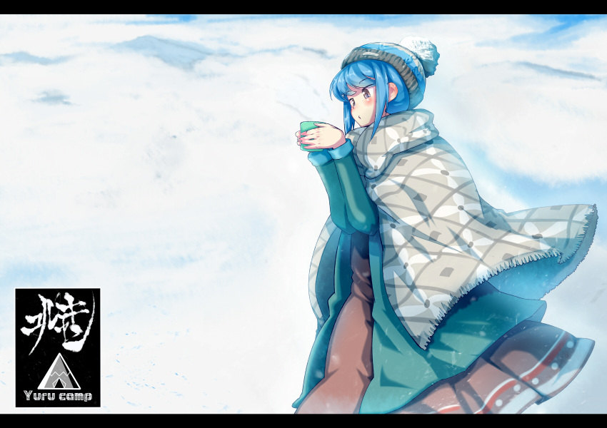 1girl blue_hair copyright_name cup hat highres holding holding_cup jinkou-kuu outdoors pom_pom_(clothes) shawl shima_rin snow solo winter winter_clothes yurucamp