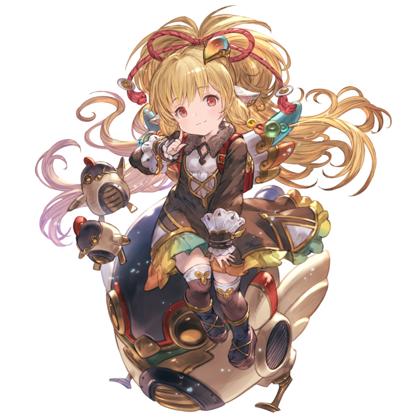 1girl animal_ears bangs bare_shoulders bird blonde_hair boots breasts chibi chicken earrings eyebrows_visible_through_hair granblue_fantasy hair_ornament harvin jewelry knee_boots long_hair looking_at_viewer machine mahira_(granblue_fantasy) minaba_hideo official_art red_eyes robot_animal sitting small_breasts thighhighs transparent_background