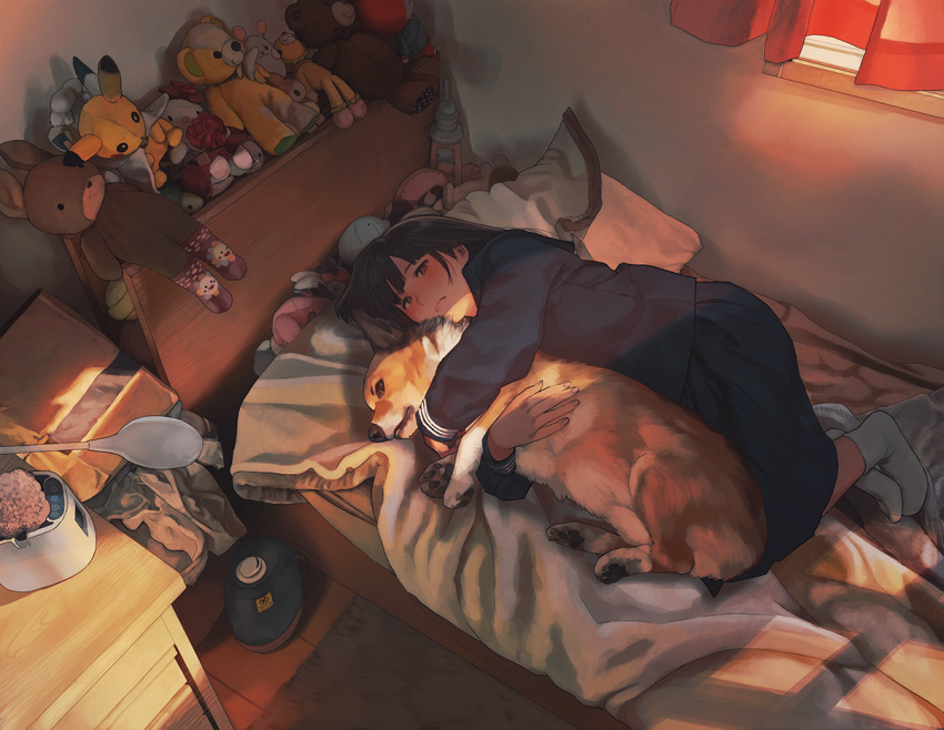 1girl bangs bed bed_sheet bedroom black_hair black_serafuku black_shirt black_skirt blush brown_eyes commentary_request curtains dog frown hug hug_from_behind indoors looking_at_viewer lying medium_hair morifumi on_bed on_side original pikachu pleated_skirt pokemon school_uniform serafuku shirt skirt socks stuffed_animal stuffed_toy teddy_bear