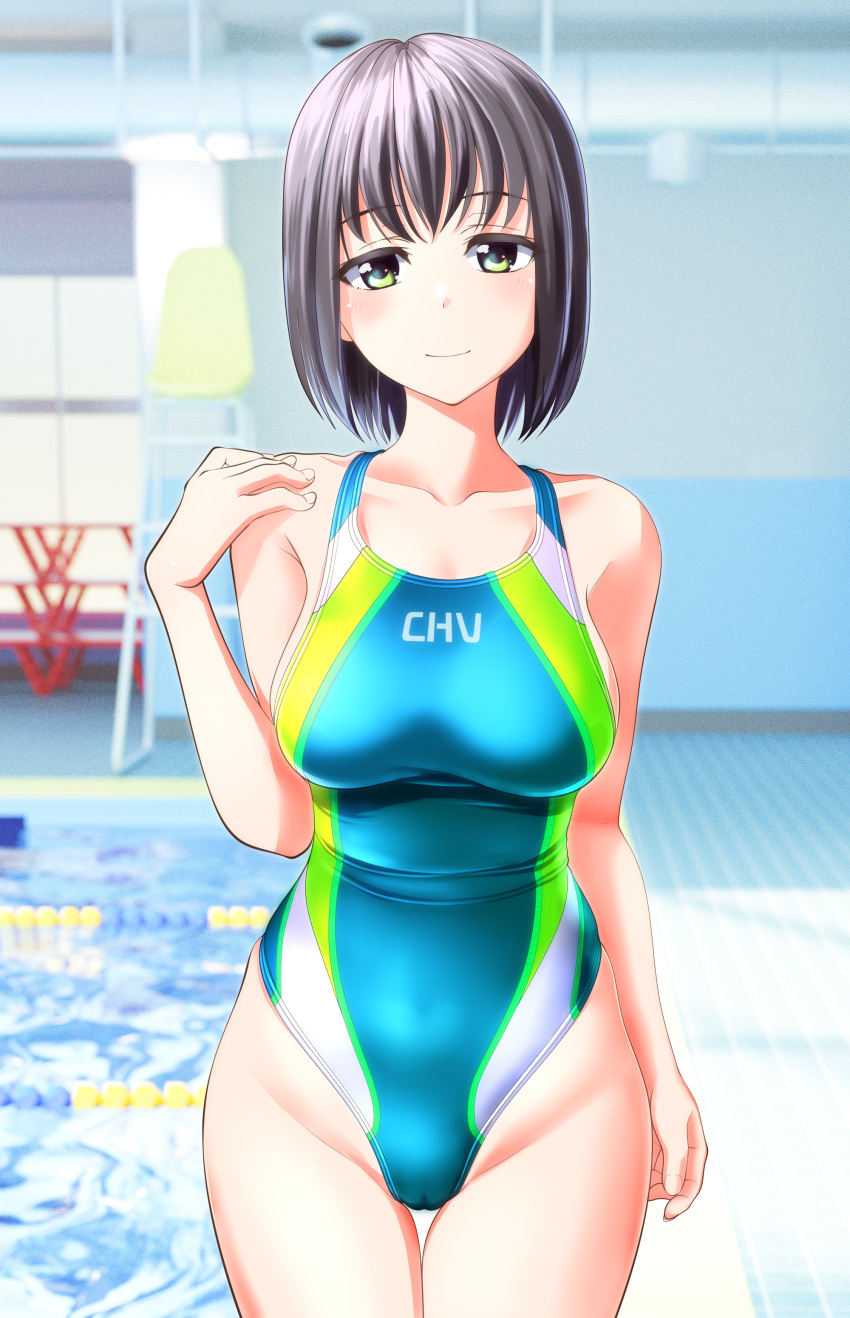 1girl absurdres aqua_swimsuit blurry blurry_background clothes_writing collarbone commentary_request competition_swimsuit green_eyes grey_hair highres indoors looking_at_viewer medium_hair multicolored_clothes multicolored_swimsuit one-piece_swimsuit original pool poolside short_hair smile solo swimsuit takafumi thigh_gap