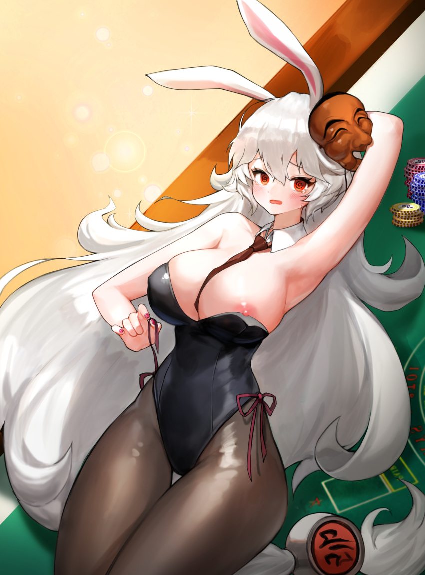 1girl @_@ absurdres animal_ears arm_behind_head arm_up armpits artist_request bare_arms bare_shoulders between_breasts black_leotard breasts brown_legwear cleavage commission crusaders_quest detached_collar embarrassed highleg highleg_leotard highres large_breasts leotard long_hair looking_at_viewer mask mask_on_head necktie necktie_between_breasts nipples no_bra open_mouth pantyhose playboy_bunny rabbit_ears red_eyes red_necktie second-party_source solo strapless strapless_leotard thigh_gap very_long_hair white_hair